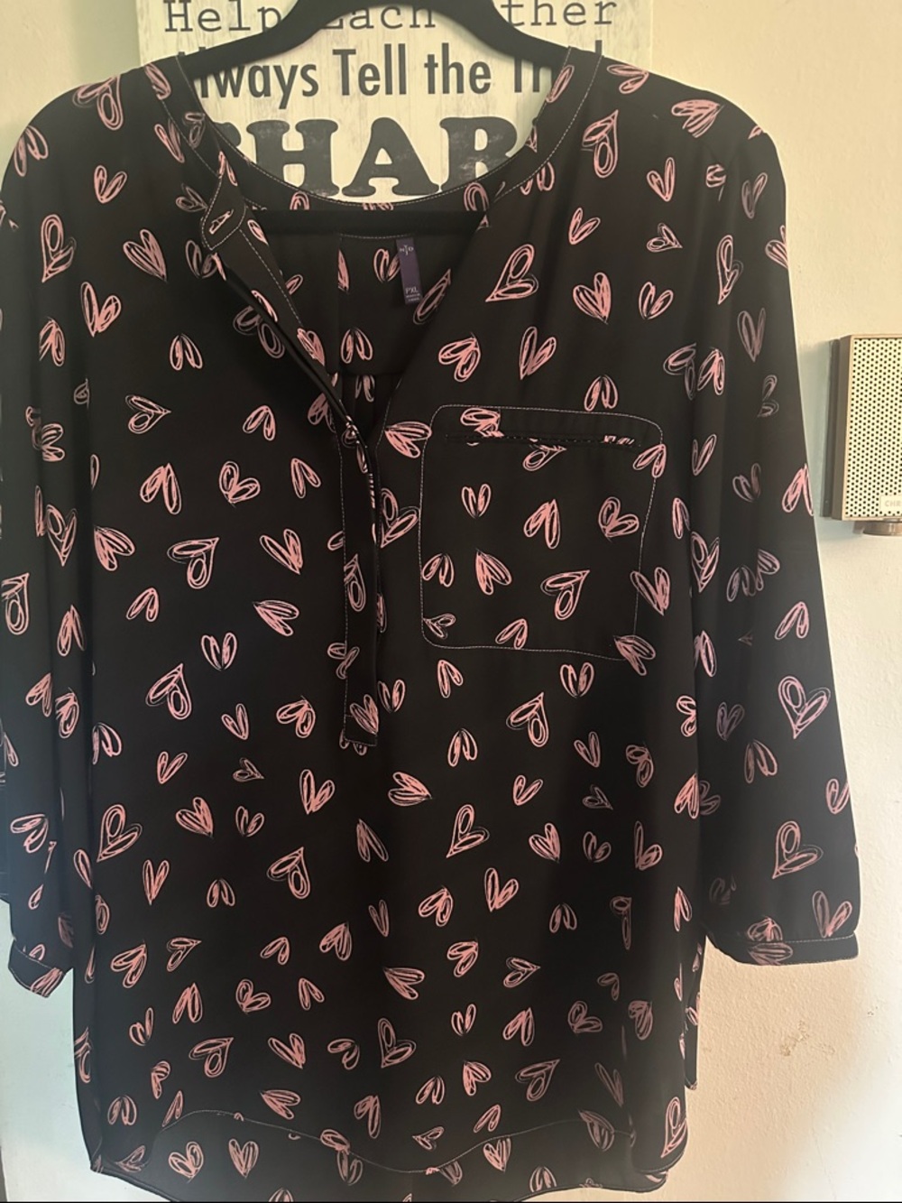 NYDJ Pink & Black Heart Pattern Pintuck Blouse 1/2 Button Size Petite XL XLP